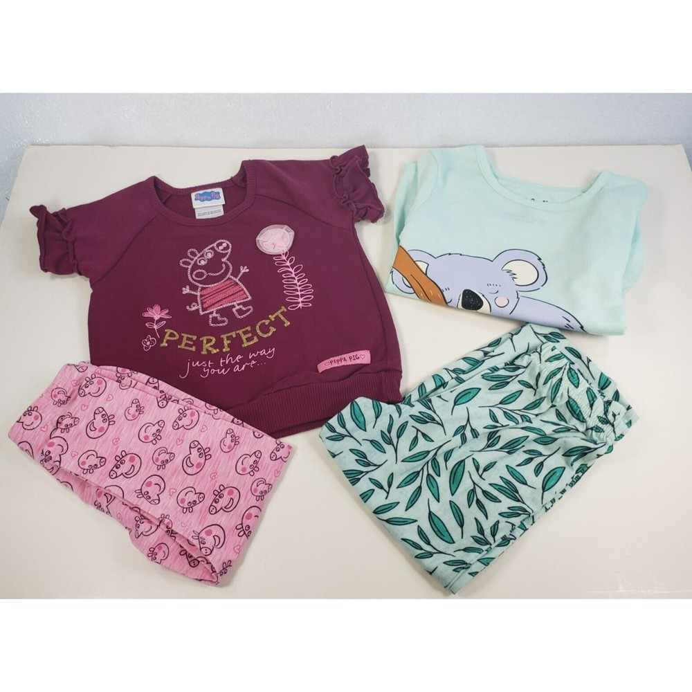 Lot of 4 pc Piece Toddler PJ's Girls 2T Peppa Pic/Cat & Jack Short Sleeve 2 Sets